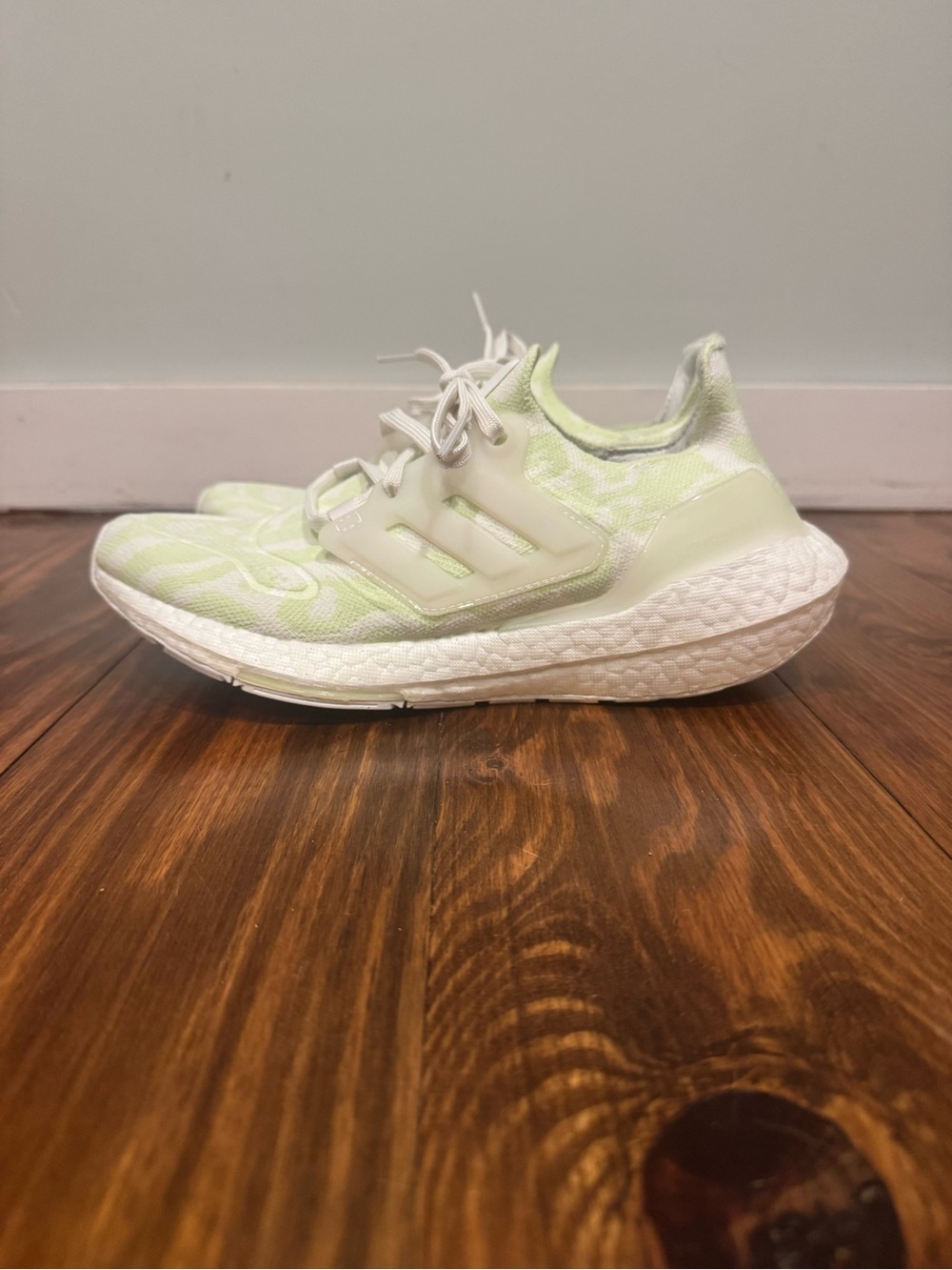 Adidas Ultraboost White & Light Green Zebra Print Running Shoes